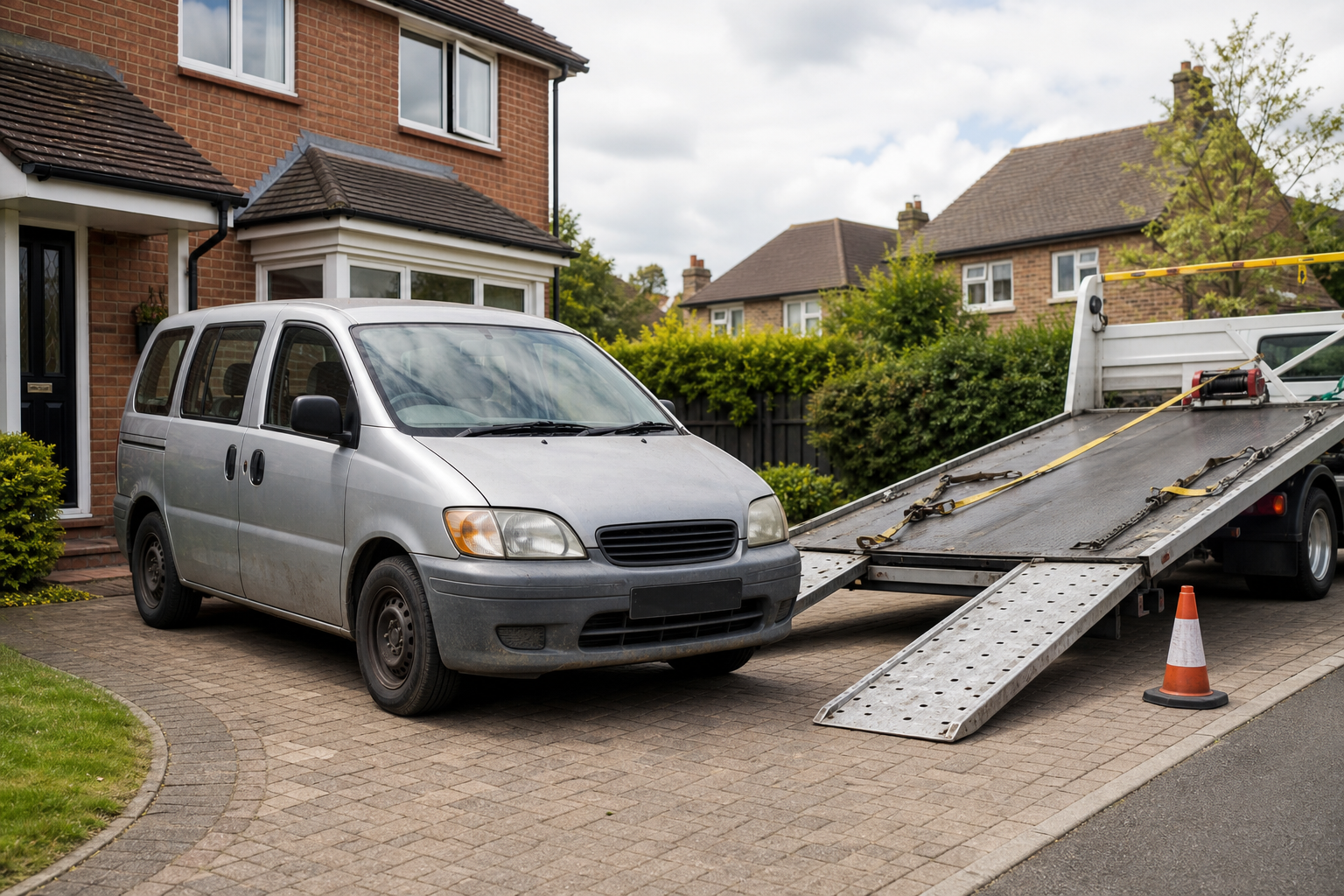 Silver minivan parked beside an empty tow truck ramp in a residential driveway.