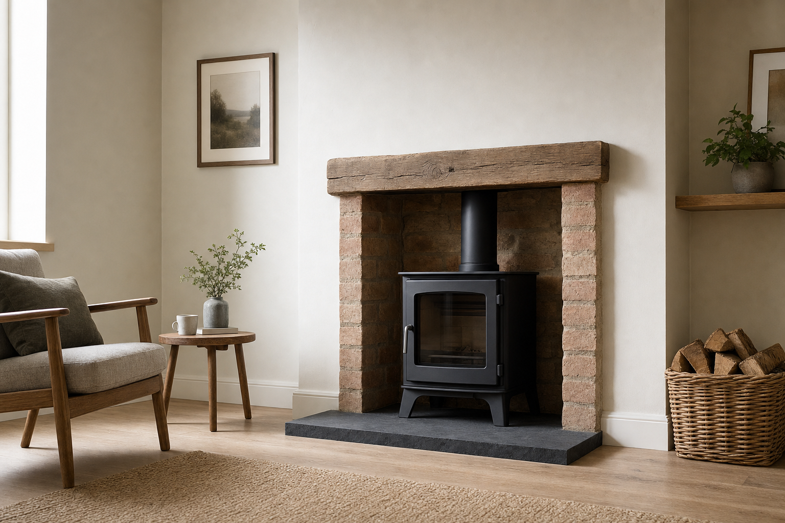 Cosy living room with a wood-burning stove, armchair, and potted plants on wooden shelves.