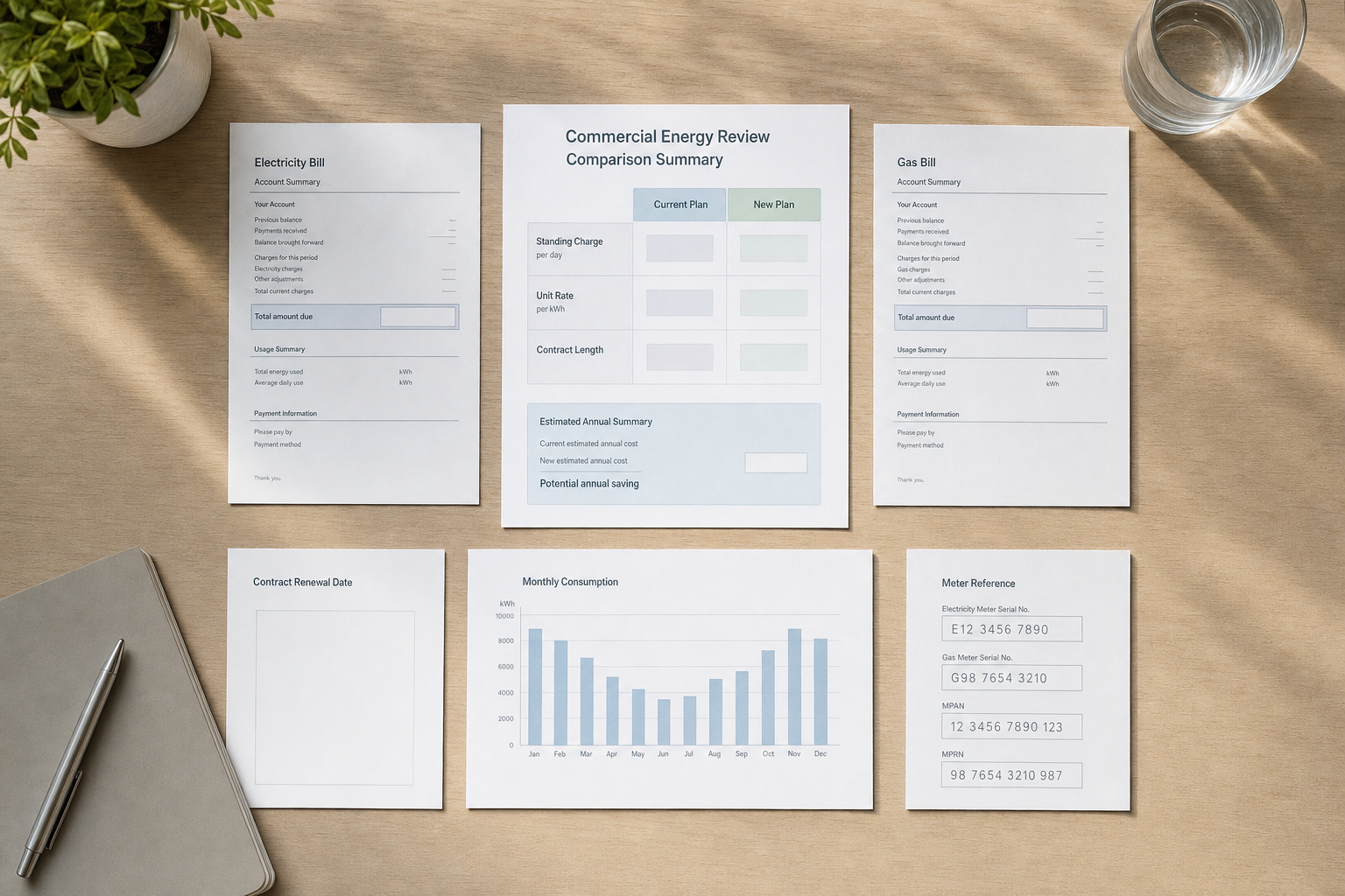 Energy bills and comparison documents arranged neatly on a wooden desk with a glass of water and a notepad.