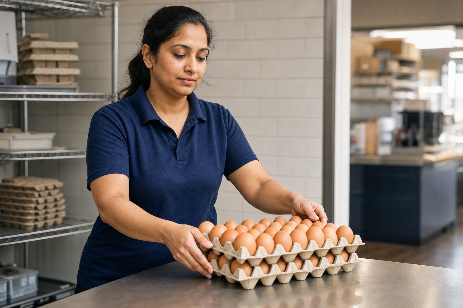 A woman in a blue polo shirt arranges trays of eggs on a stainless steel countertop in a commercial kitchen.
