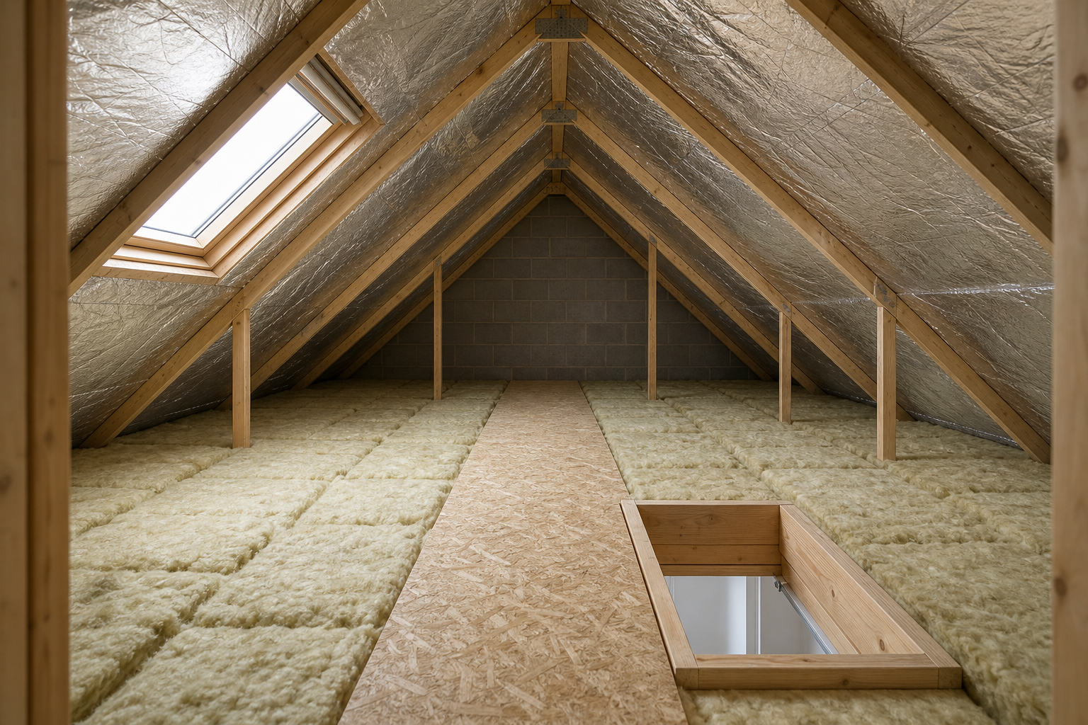 Insulated loft with exposed wooden beams, a skylight, and a boarding pathway leading to a hatch.