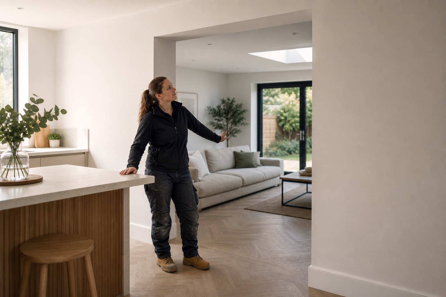 A woman in work attire admires a modern, open-plan living space with light wood flooring and a large window.