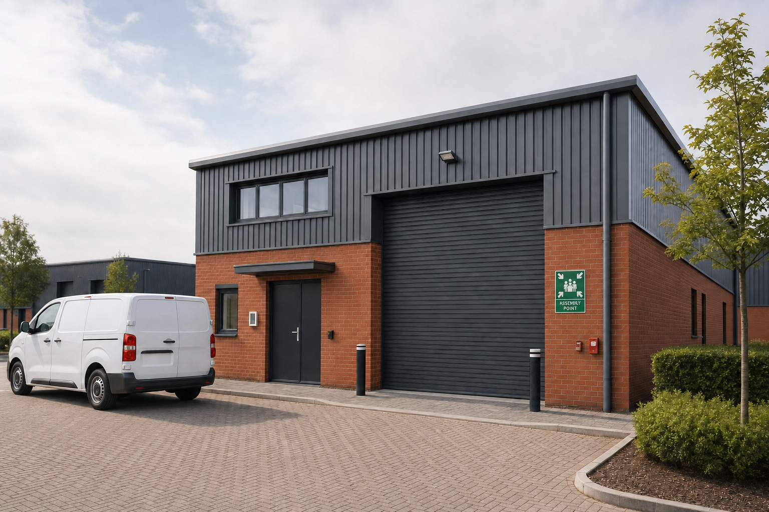 Modern industrial unit with a white van parked in front, featuring a brick facade and large roller door.