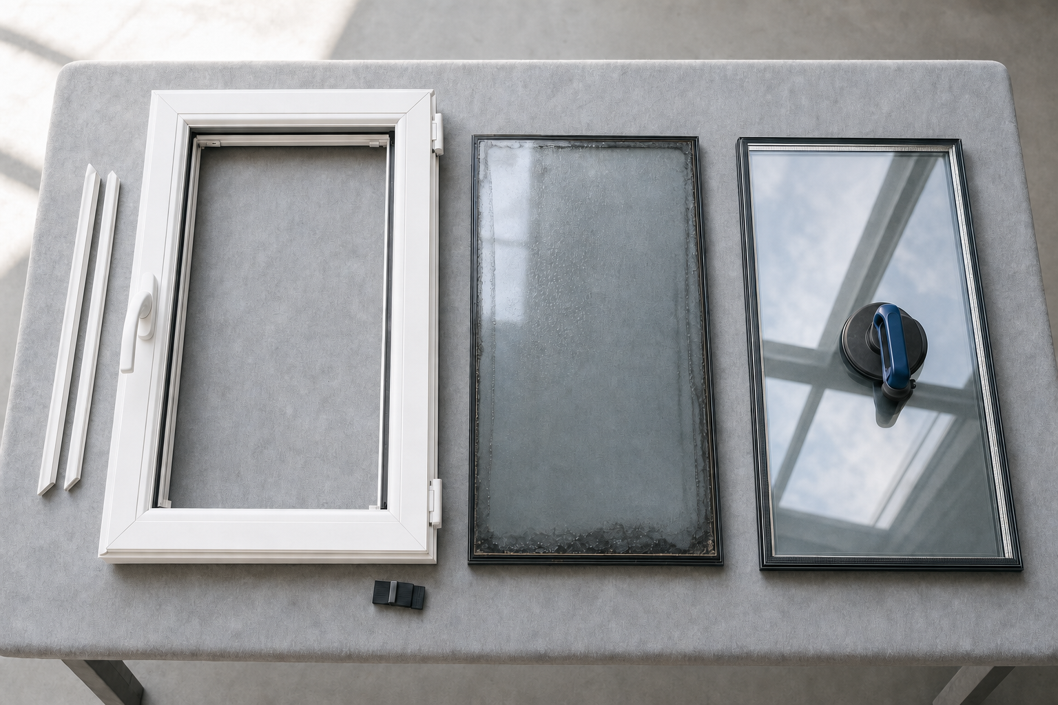 Components of a window including a frame, glass panels, and sealing strips laid out on a table.
