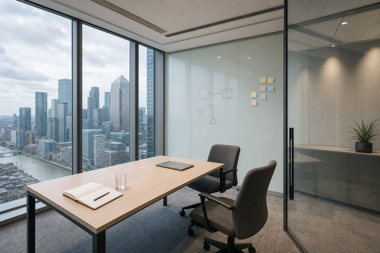 Modern office with large windows offering a cityscape view, featuring a desk with a notebook, laptop, and a glass of water.