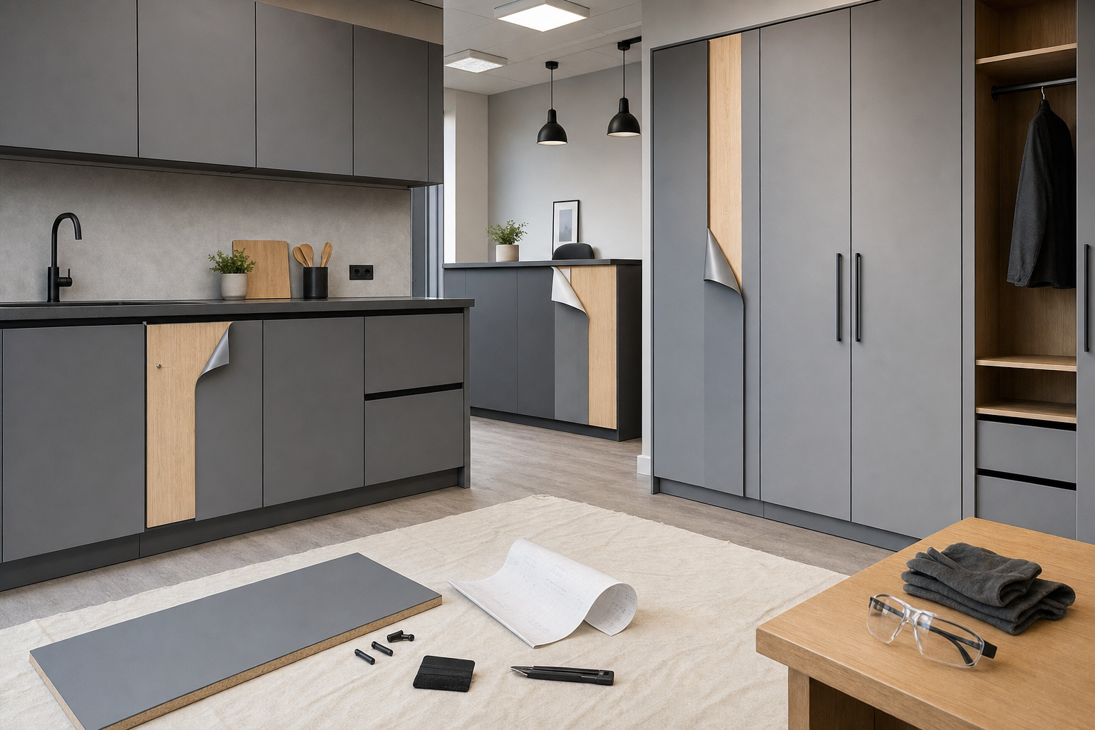 Modern kitchen with matte grey cabinets and exposed wood panels, featuring assembly tools and instructions on the floor.