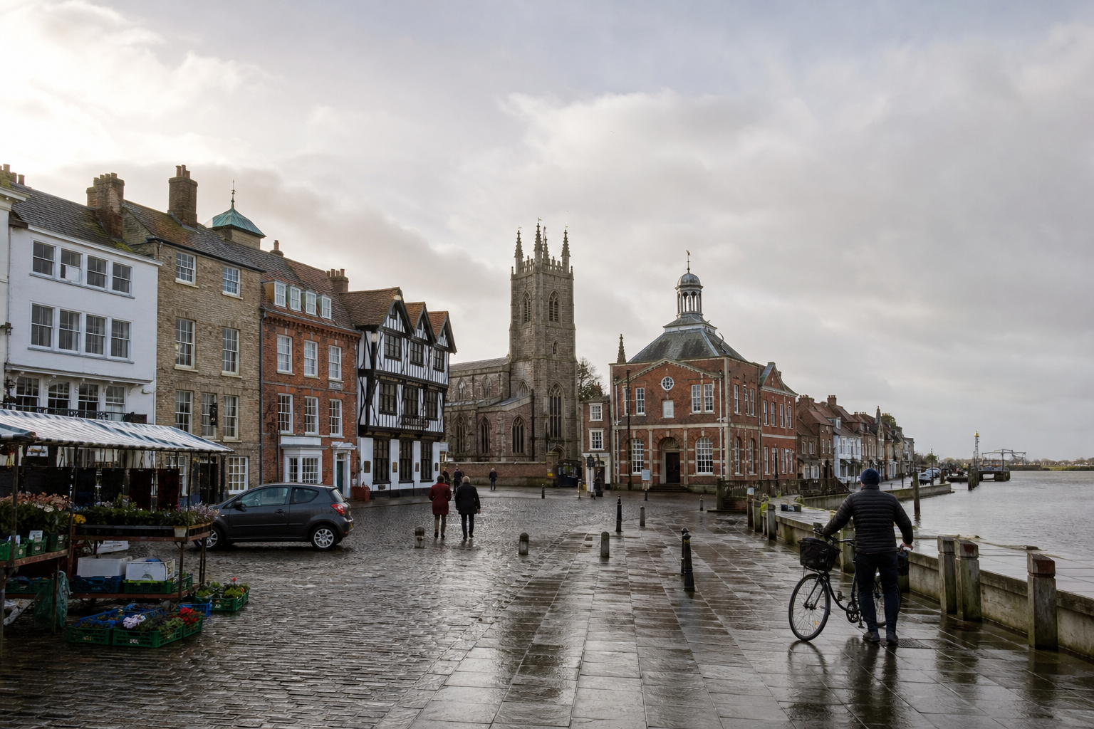 Cyclist walking by cobbled quay with historic buildings and church tower under an overcast sky.
