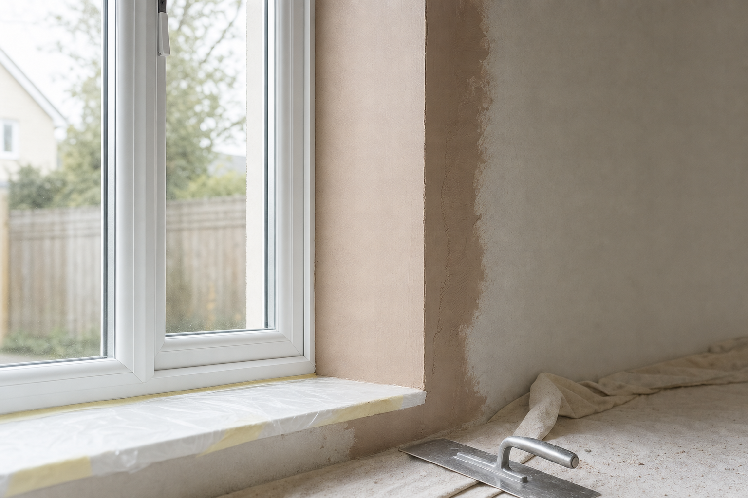 A newly plastered wall near a window with a trowel resting on a covered surface.