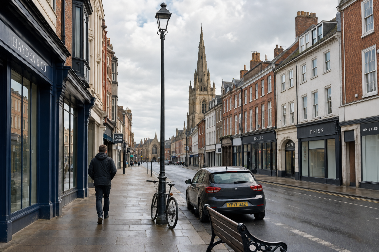 A man walks down a quiet, wet street lined with shops, featuring a distant view of a tall, ornate church spire.