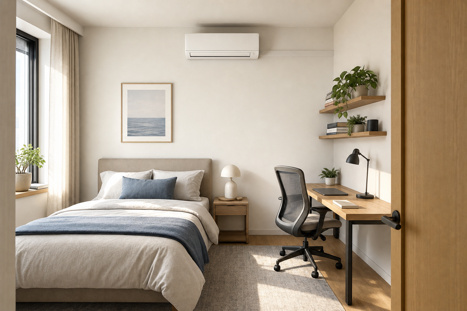 Modern bedroom with a neatly made bed, light wood desk, and air conditioning unit on the wall.