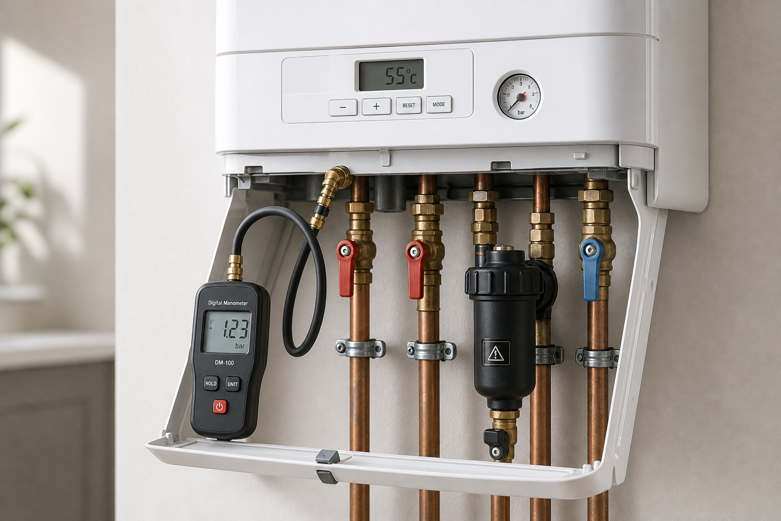 White boiler with exposed copper pipes and a digital manometer reading 1.23 bar.