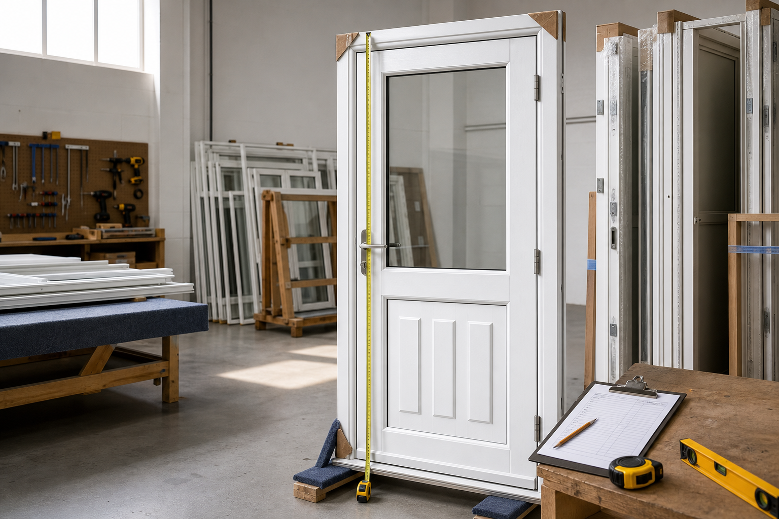 White door with glass panel surrounded by tools and materials in a workshop.