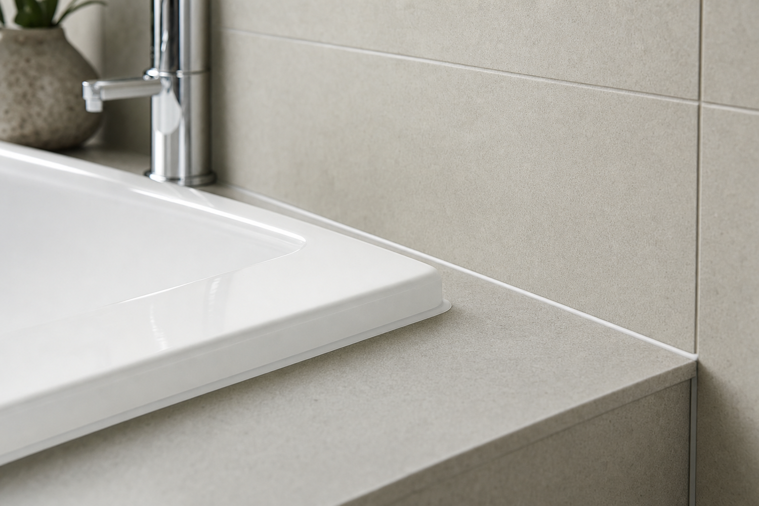 Modern bathroom sink with a sleek chrome tap and beige tiled wall background.