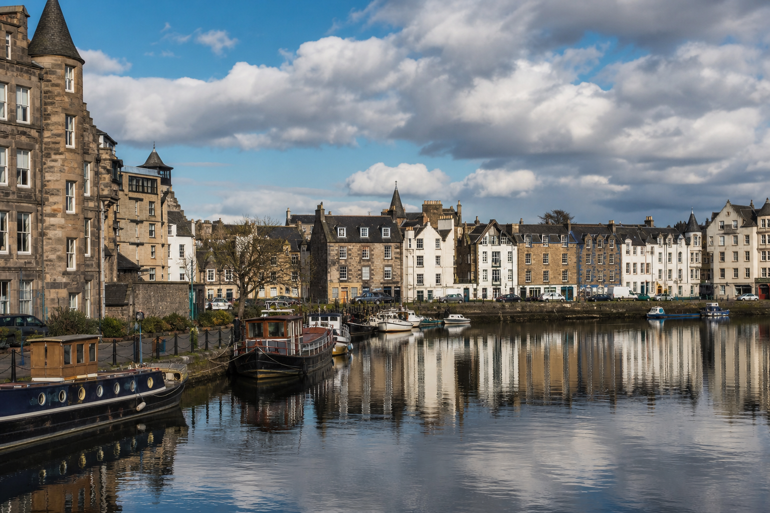 Historic waterfront buildings and boats reflected in a calm harbor under a partly cloudy sky.