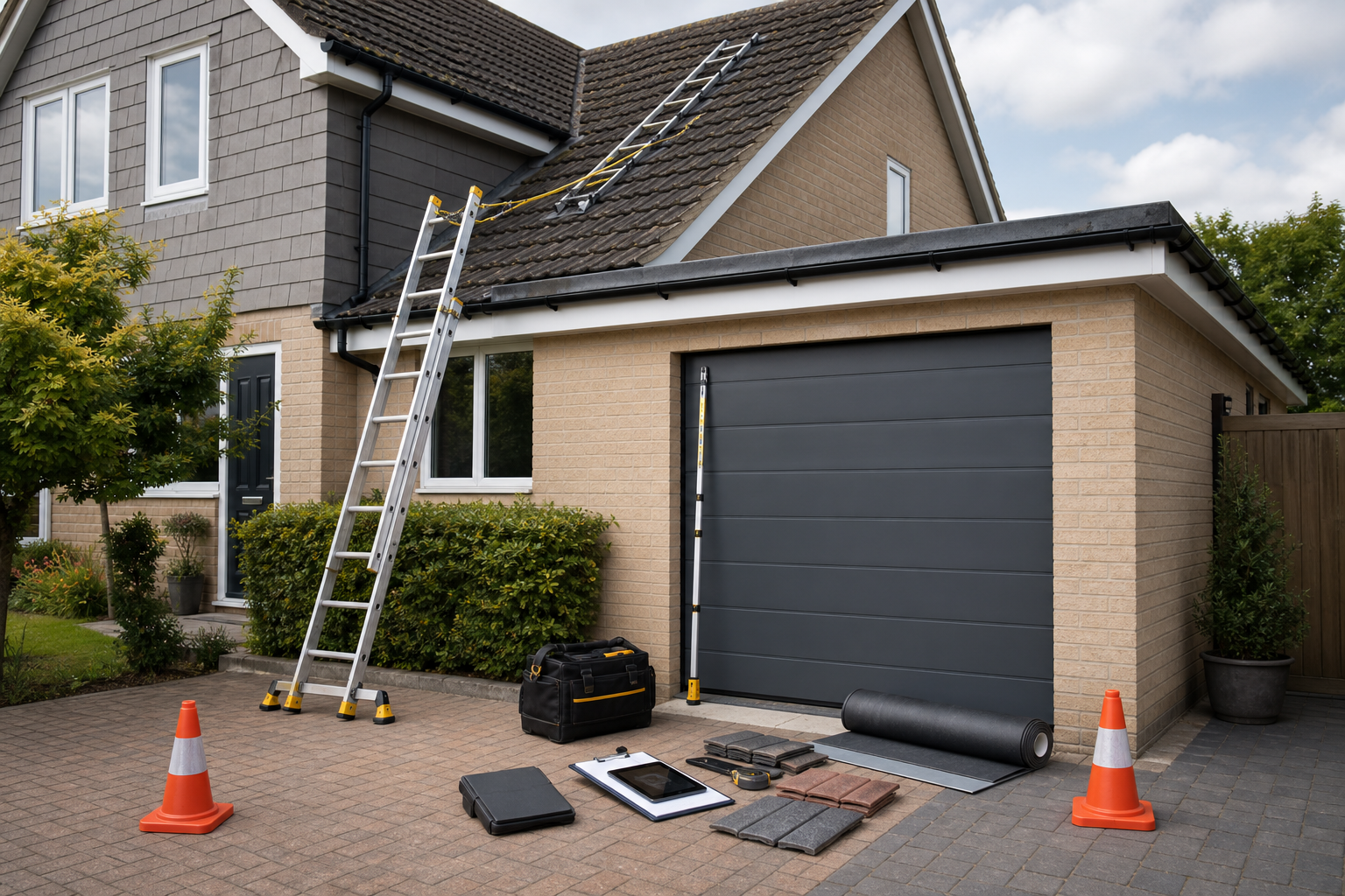A house with a ladder leaning on the roof and various roofing tools and materials on the driveway.