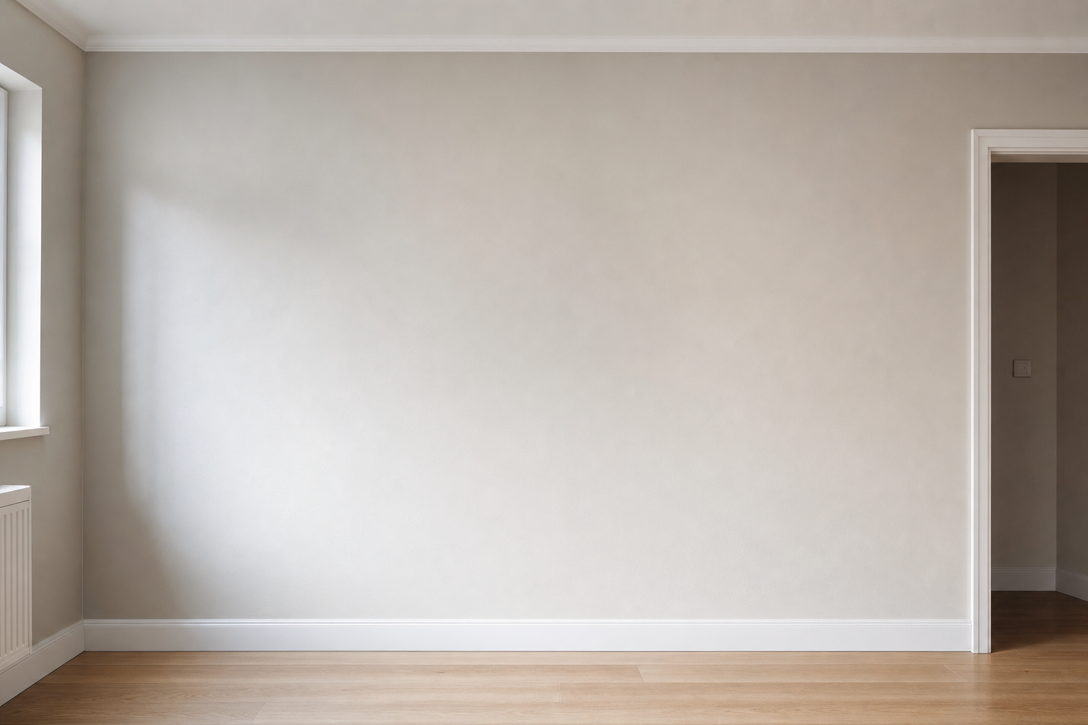 A light grey empty room with wooden flooring and a small open doorway.