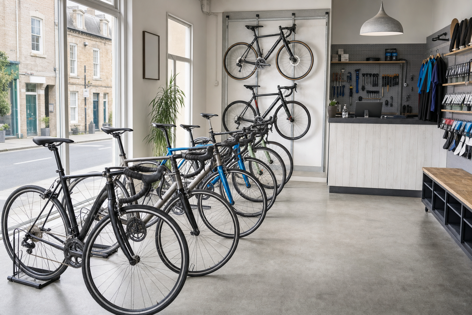 A modern bicycle shop interior with bikes on display and tools neatly organised behind the counter.