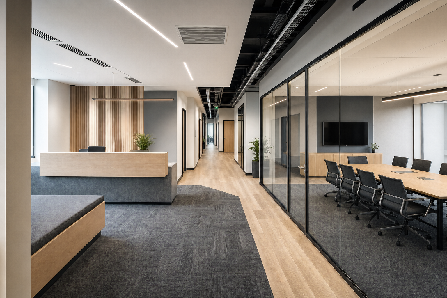 Modern office interior with a reception area, glass-walled meeting room, and hallway lined with wooden accents.