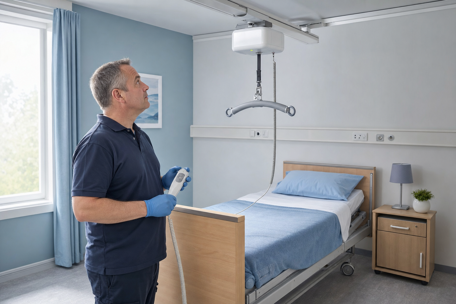 Man operating a ceiling hoist above a hospital bed in a well-lit room.