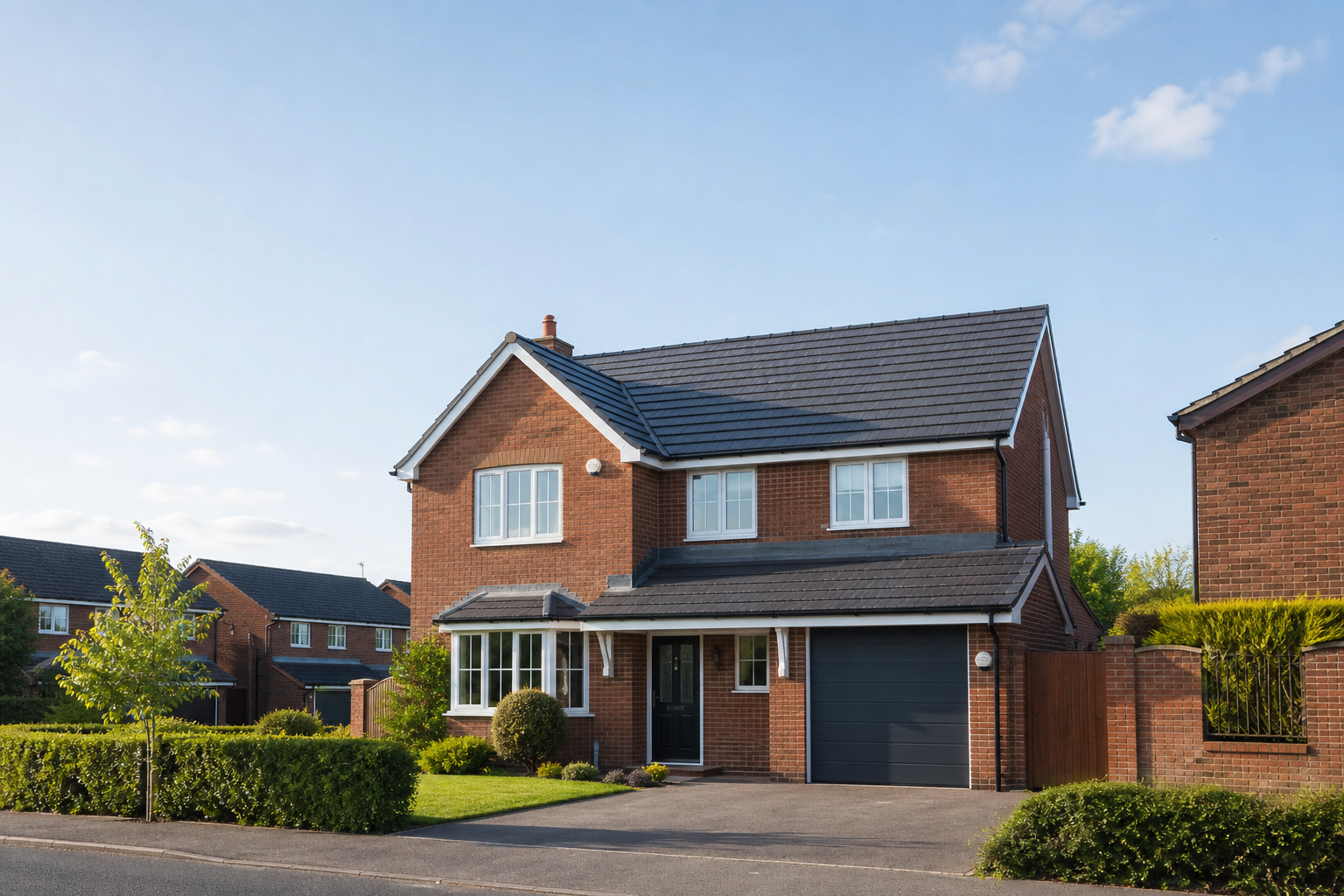 A modern, detached red-brick house with a tiled roof, garage, and front garden on a sunny day.