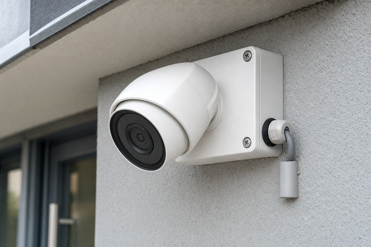 White outdoor security camera mounted on a grey wall.