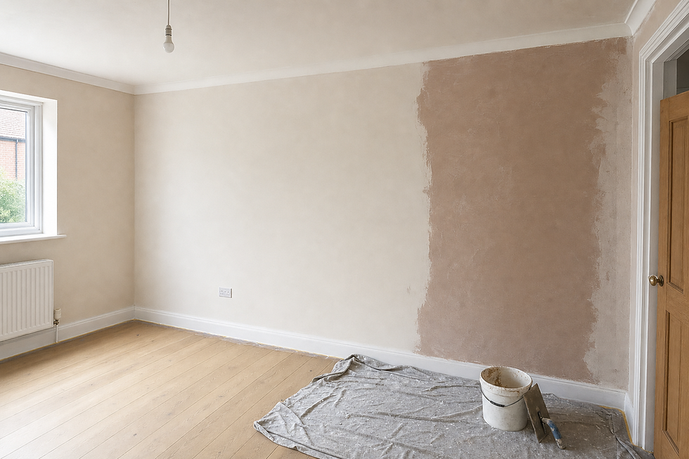 A freshly plastered wall in a bare room with a drop cloth, bucket, and plastering trowel on the floor.
