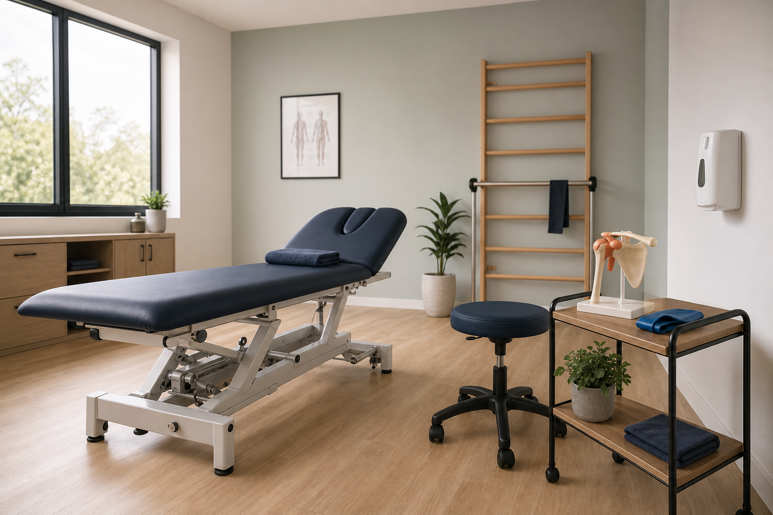 A modern physiotherapy room with an adjustable treatment table, anatomical model, exercise equipment, and plants.