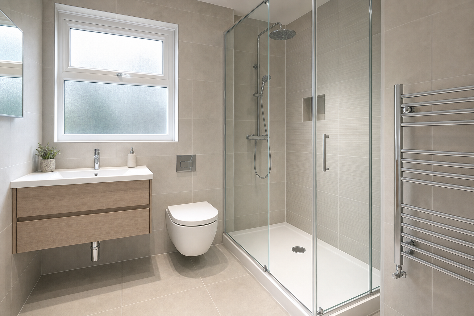 Modern bathroom with a walk-in glass shower, wall-mounted toilet, and floating vanity under a frosted window.