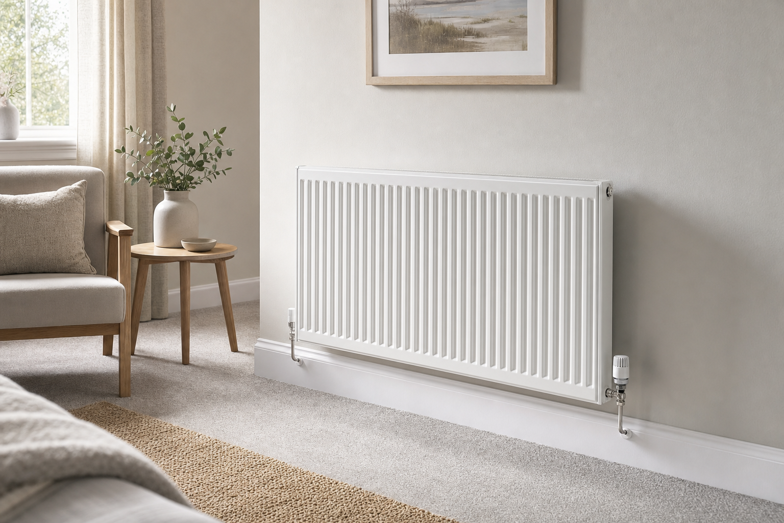 White radiator on a beige wall in a cosy living room with a plant and armchair nearby.