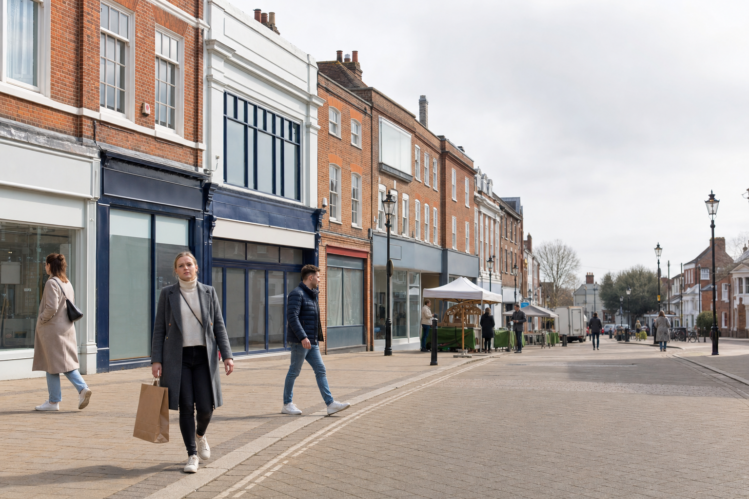 A woman carries a shopping bag while walking through a quiet, sunny high street with rows of shops.