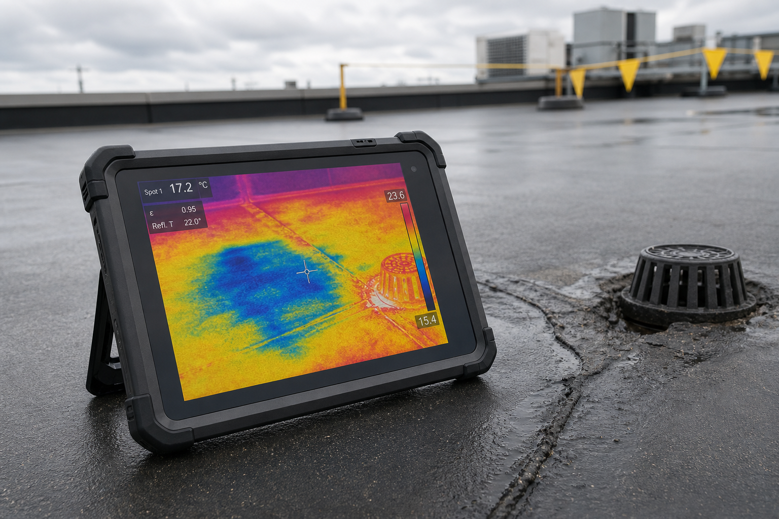 Tablet displaying a thermal image on a flat rooftop with a drain nearby.