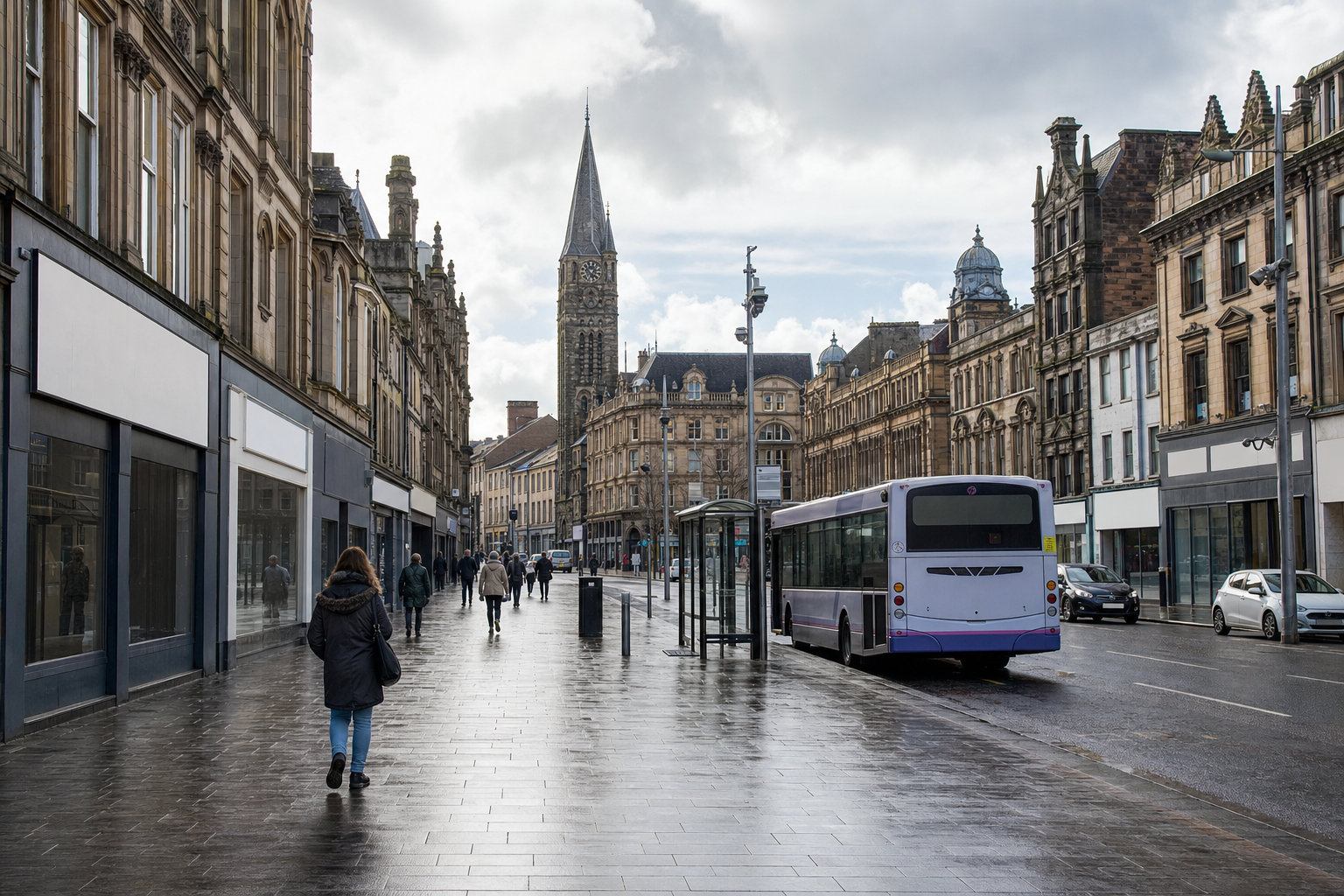 A pedestrian street lined with historic buildings and a bus beside a shelter under a cloudy sky.