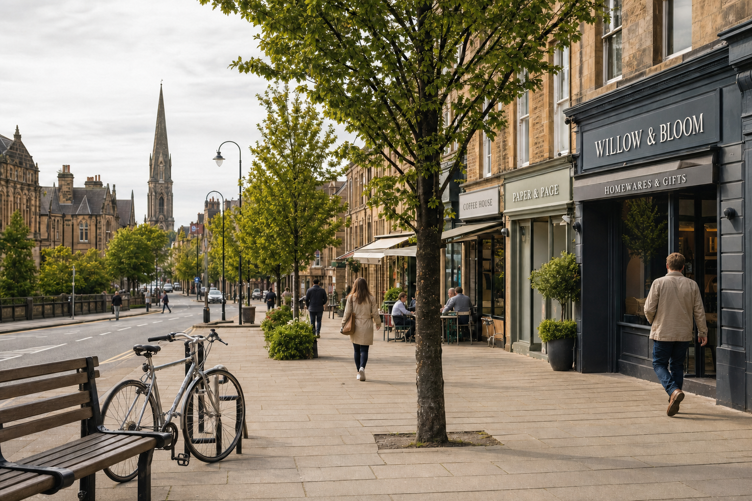 A tree-lined street with shops, people walking, and bicycles parked, leading to a distant church spire.