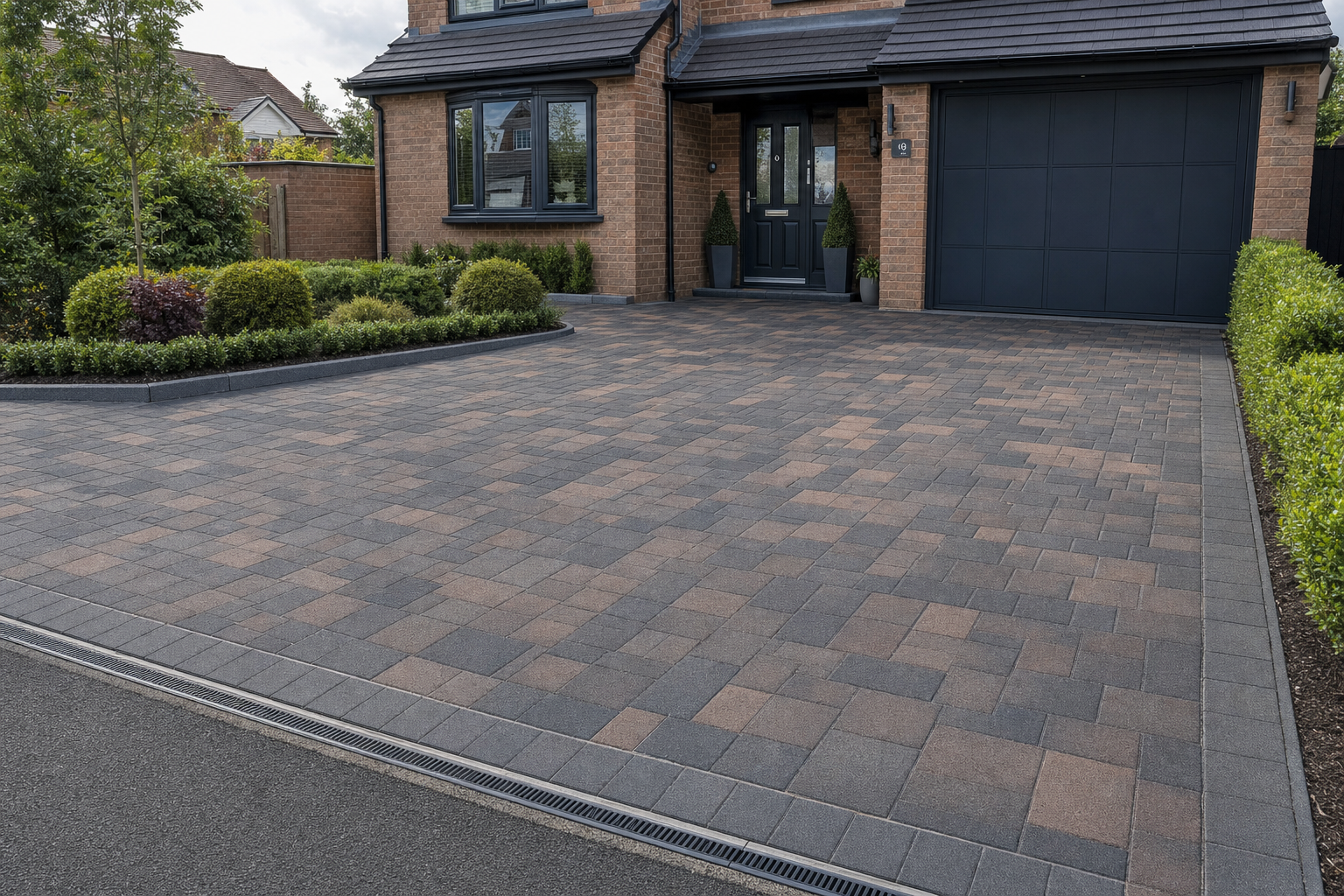 Brick house with a black garage door, surrounded by a well-maintained garden and paved driveway.