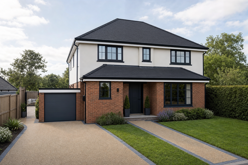 Modern two-storey house with brick and cream exterior, a garage, and a well-kept garden.
