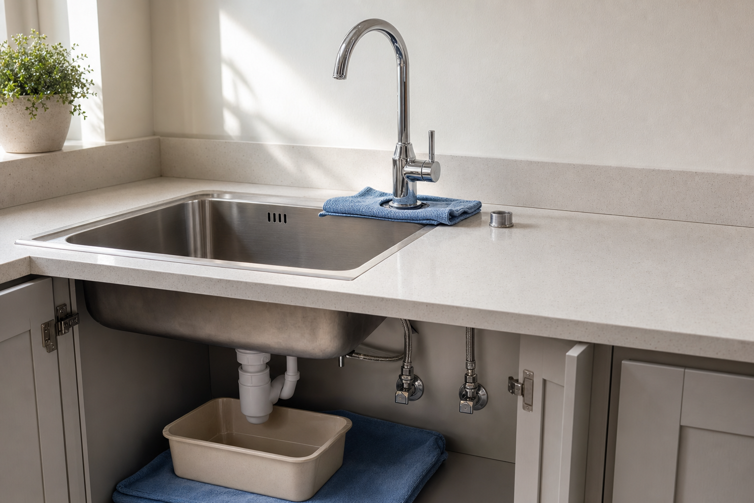 Modern kitchen sink with a stainless steel basin, chrome tap, and small plant, with storage area underneath.