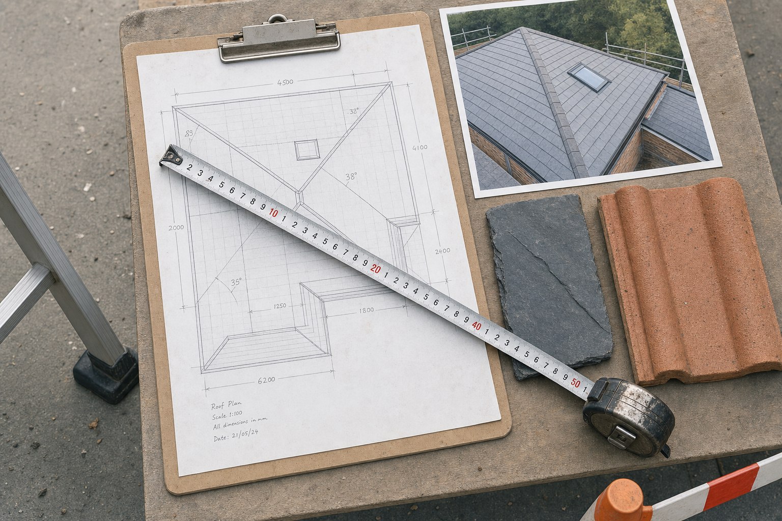 An architectural roof plan with a measuring tape, slate, terracotta tile, and roof photograph on a wooden board.