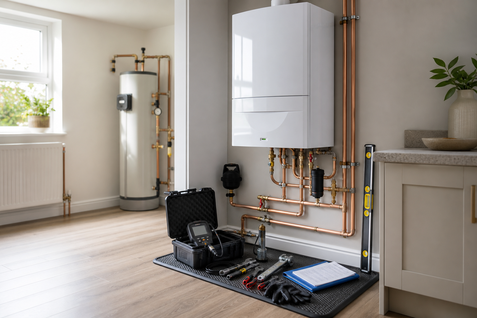 Modern boiler room with copper piping, various tools, and a digital meter on the floor.