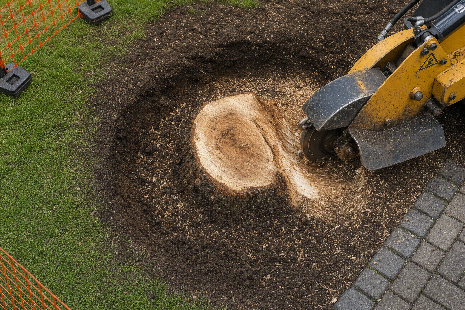 A stump grinder removing a large tree stump on a lawn, with surrounding soil and paving.