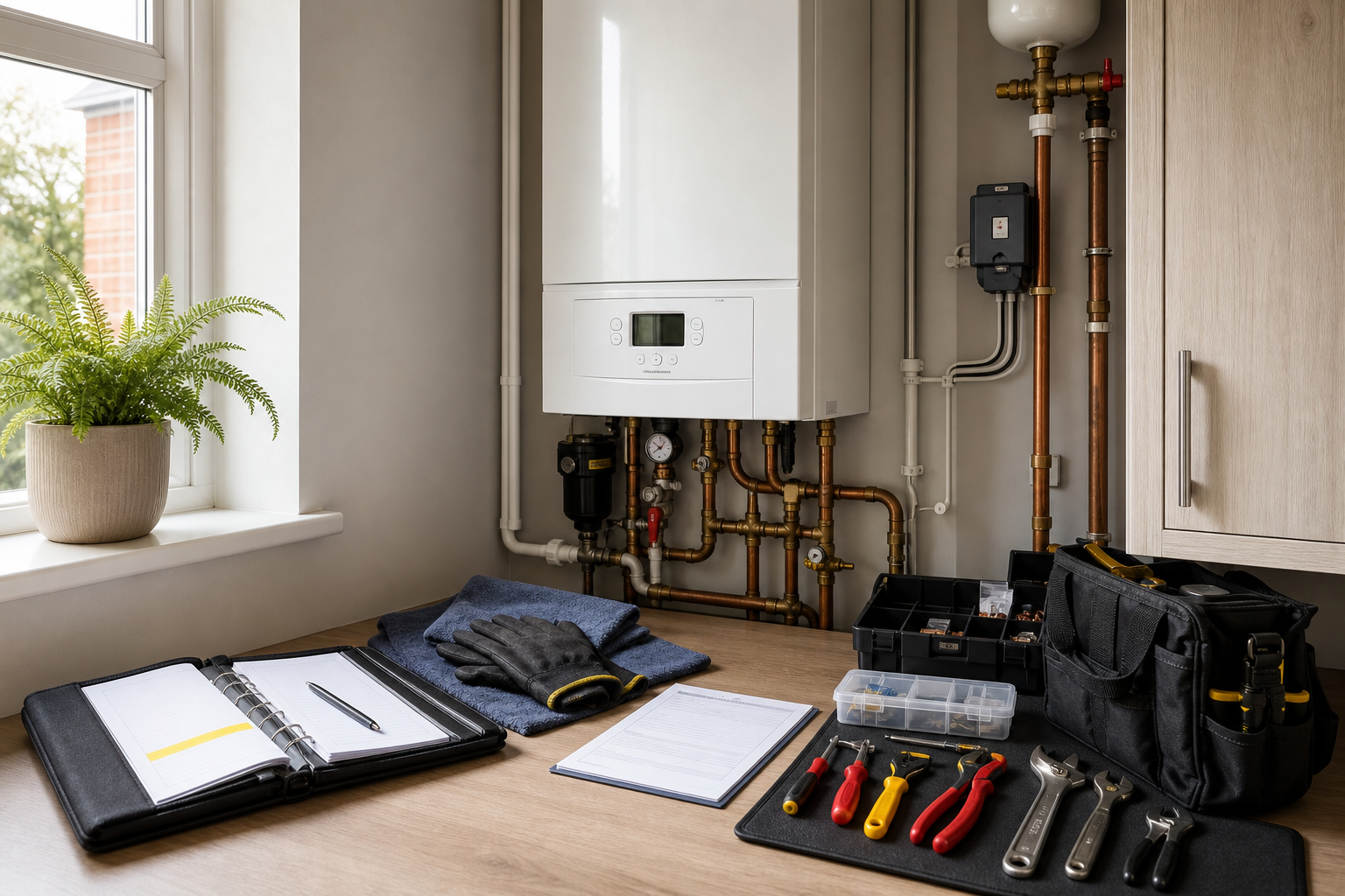Boiler installation setup with tools, documents, and a potted plant on a wooden countertop.