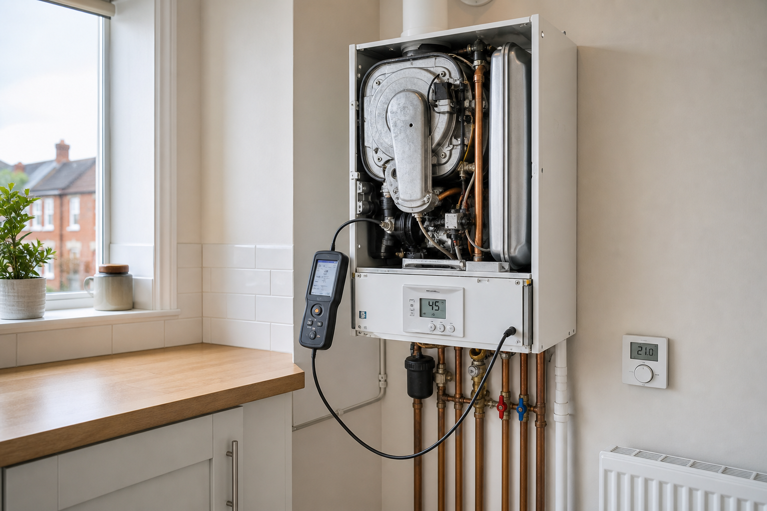 Open boiler with diagnostic tool attached, next to a window and thermostat.
