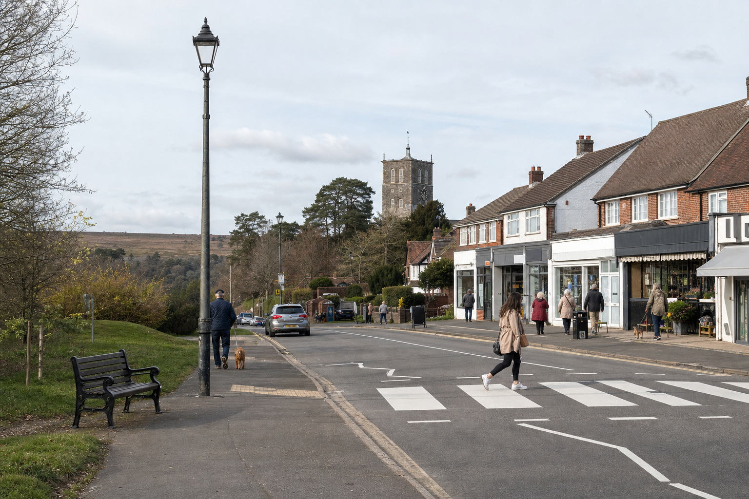 A pedestrian crosses a street with shops and a church tower in the background on a clear day.