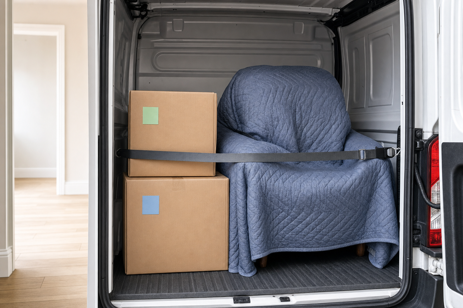 A large armchair covered with a blue blanket is secured alongside two cardboard boxes in a van.