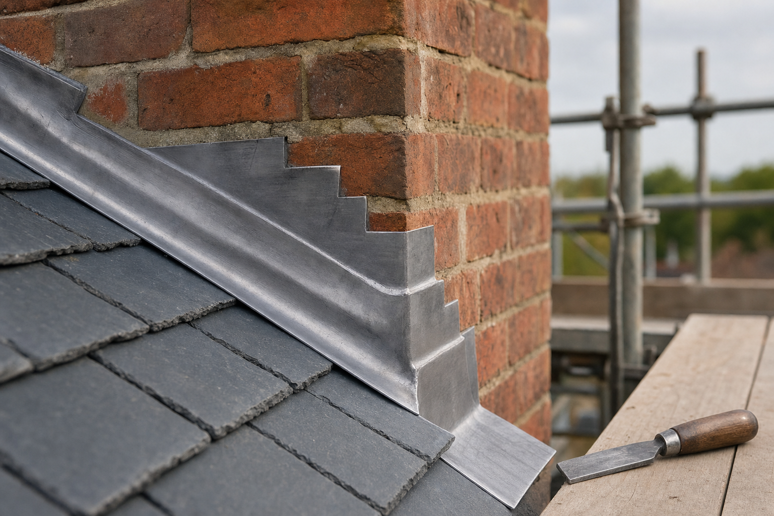 Lead flashing installed around a brick chimney on a slate roof, with a masonry tool on a scaffold.