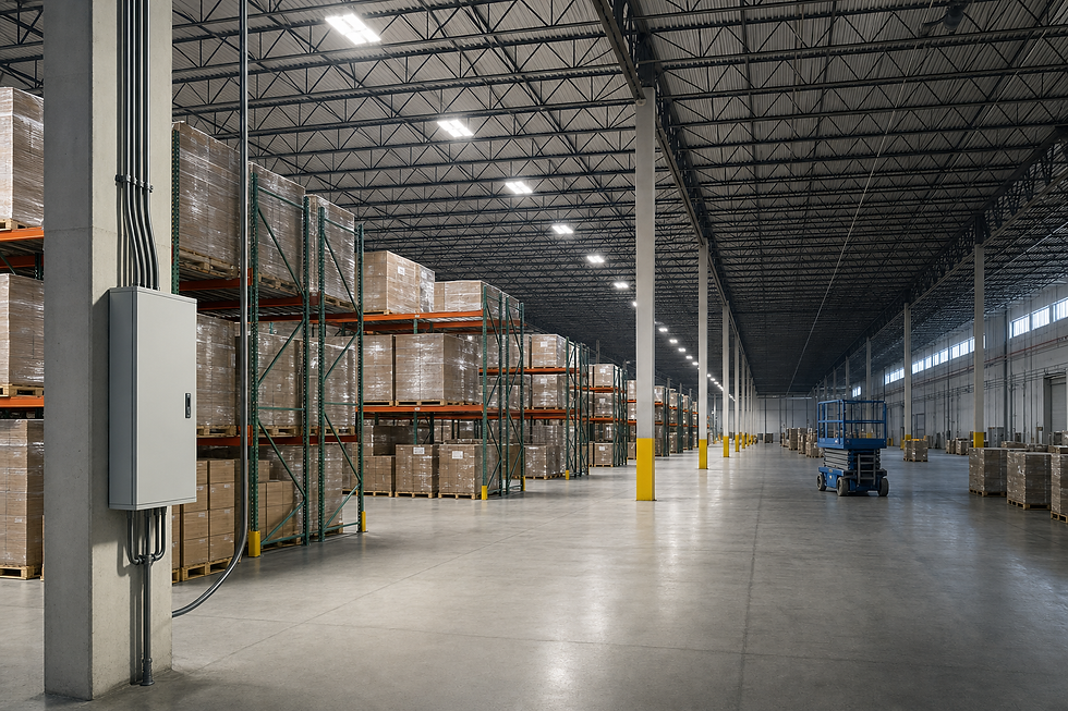 Spacious warehouse interior with stacked pallets on shelves and a blue scissor lift amidst concrete floors.