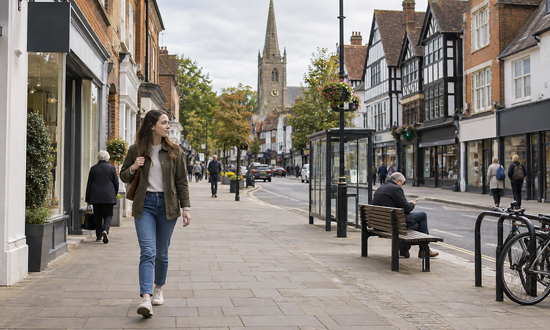 A woman walks along a quaint British high street with historic buildings and a church tower in the background.