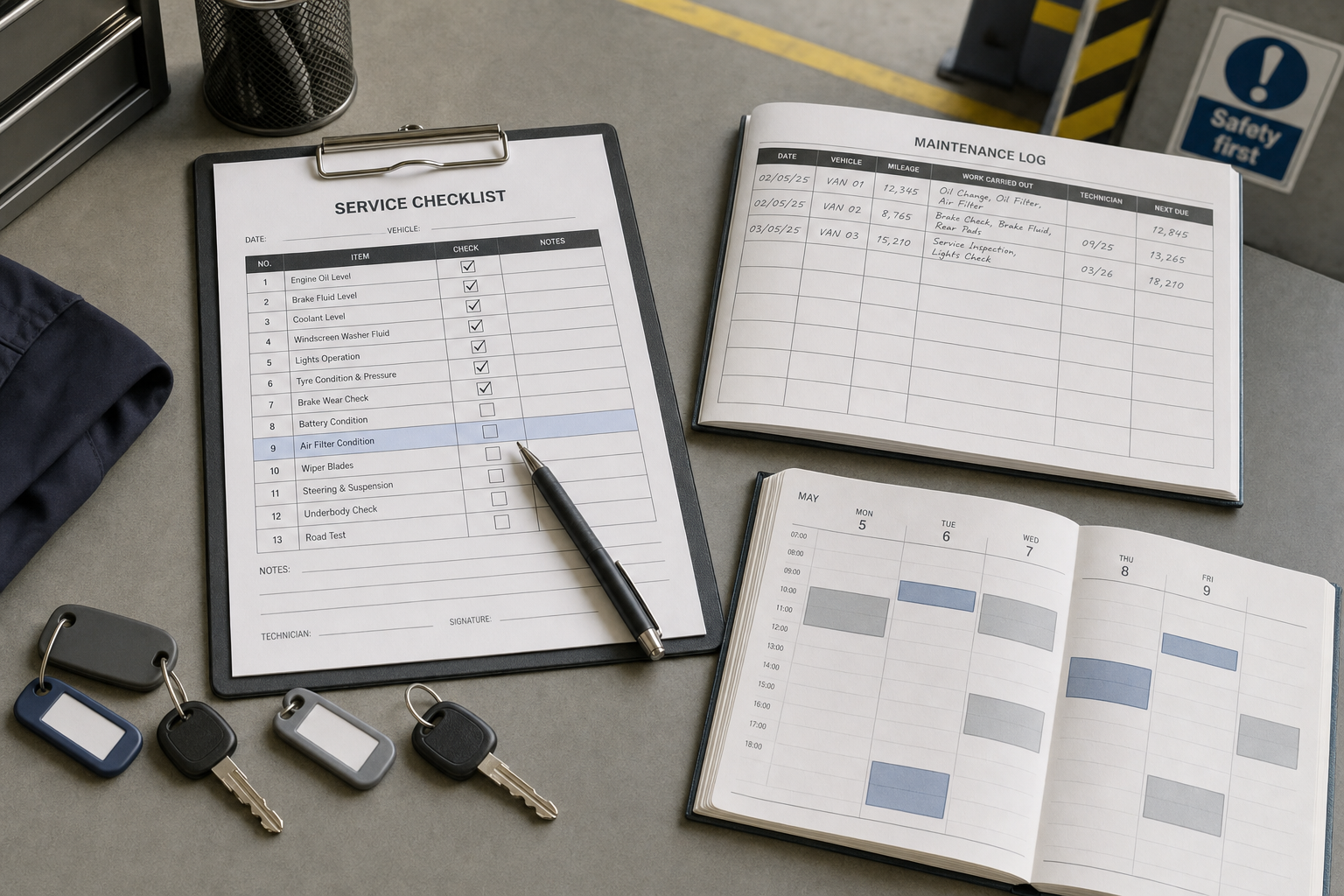 A desk with a service checklist, maintenance log, keys, and a planner, against an industrial backdrop.