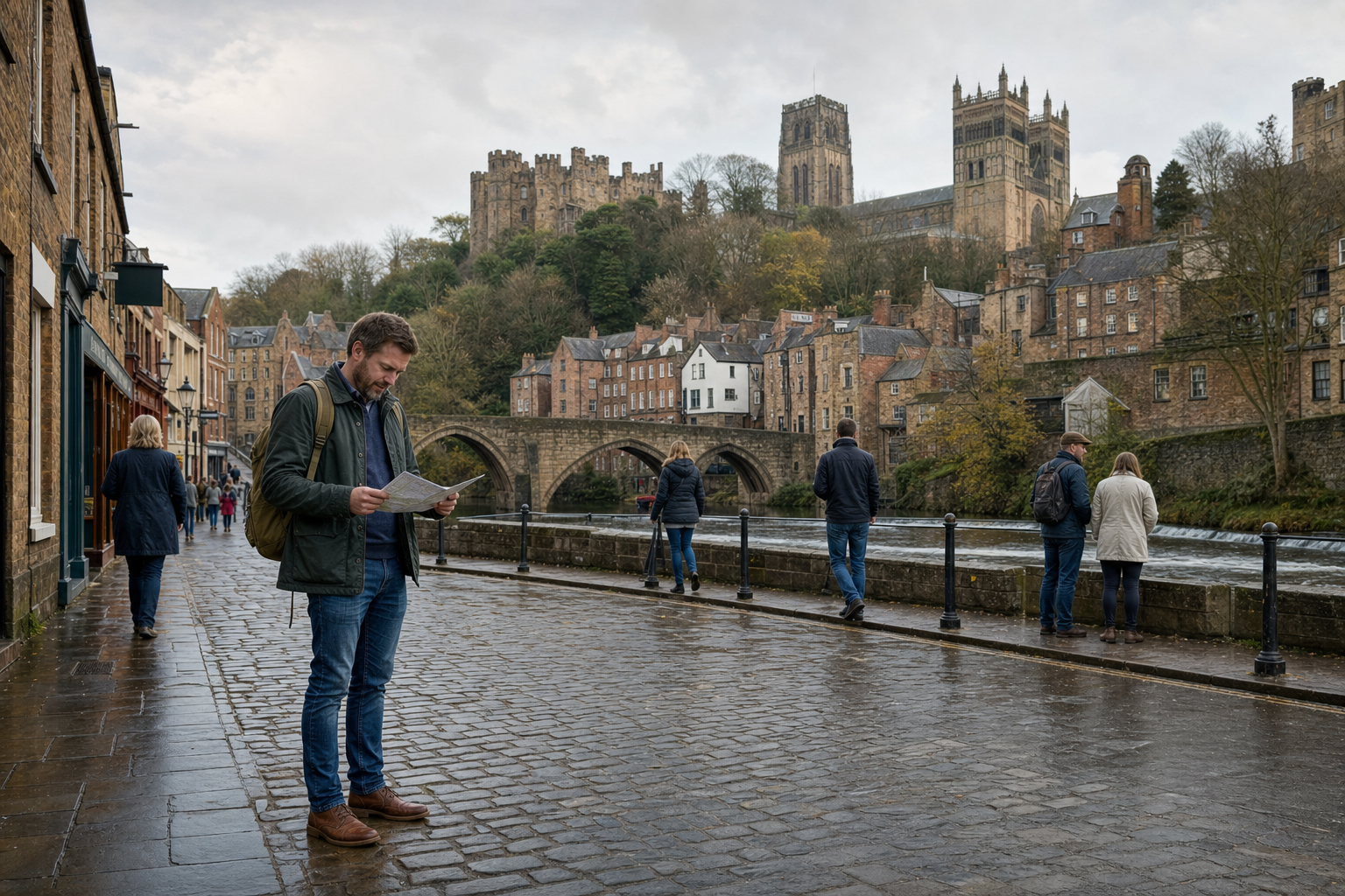 A man with a backpack reads a map on a cobblestone street with a historic castle and cathedral in the background.