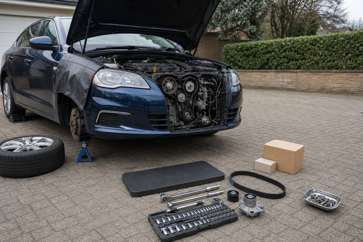 Car with open hood in driveway, tools and parts laid out alongside for maintenance.