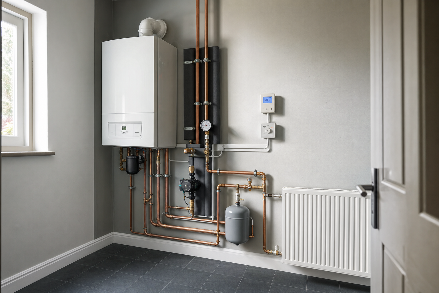 Modern boiler system with copper pipes, gauge, and controls in a utility room.
